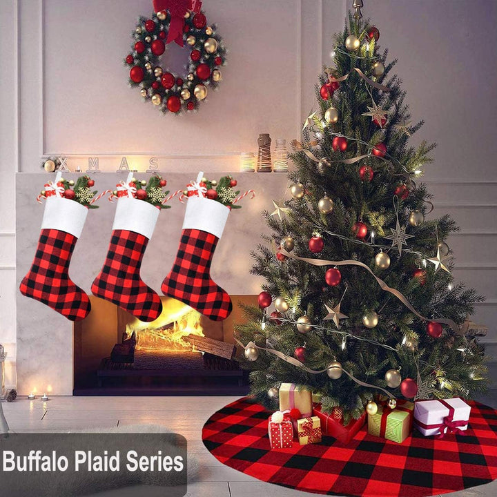6 Pack Christmas Stockings- 18 Inch Red Black Buffalo Plaid Christmas Stockings Fireplace Hanging Stockings for Family Xmas Holiday Season Party Decor
