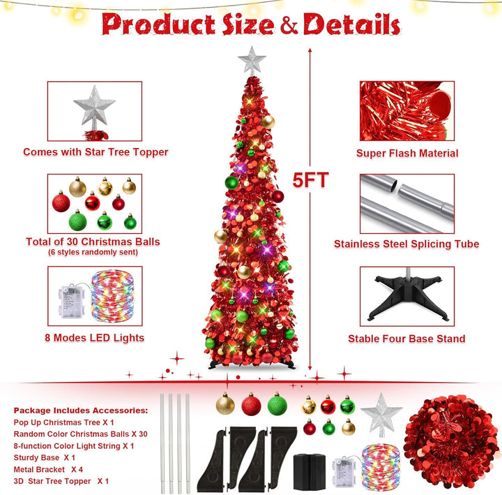 Pop up Christmas Tree with Lights & 30 Balls, 5Ft Collapsible Red Tinsel Christmas Tree Decoration for Holiday Xmas Home Office Decor