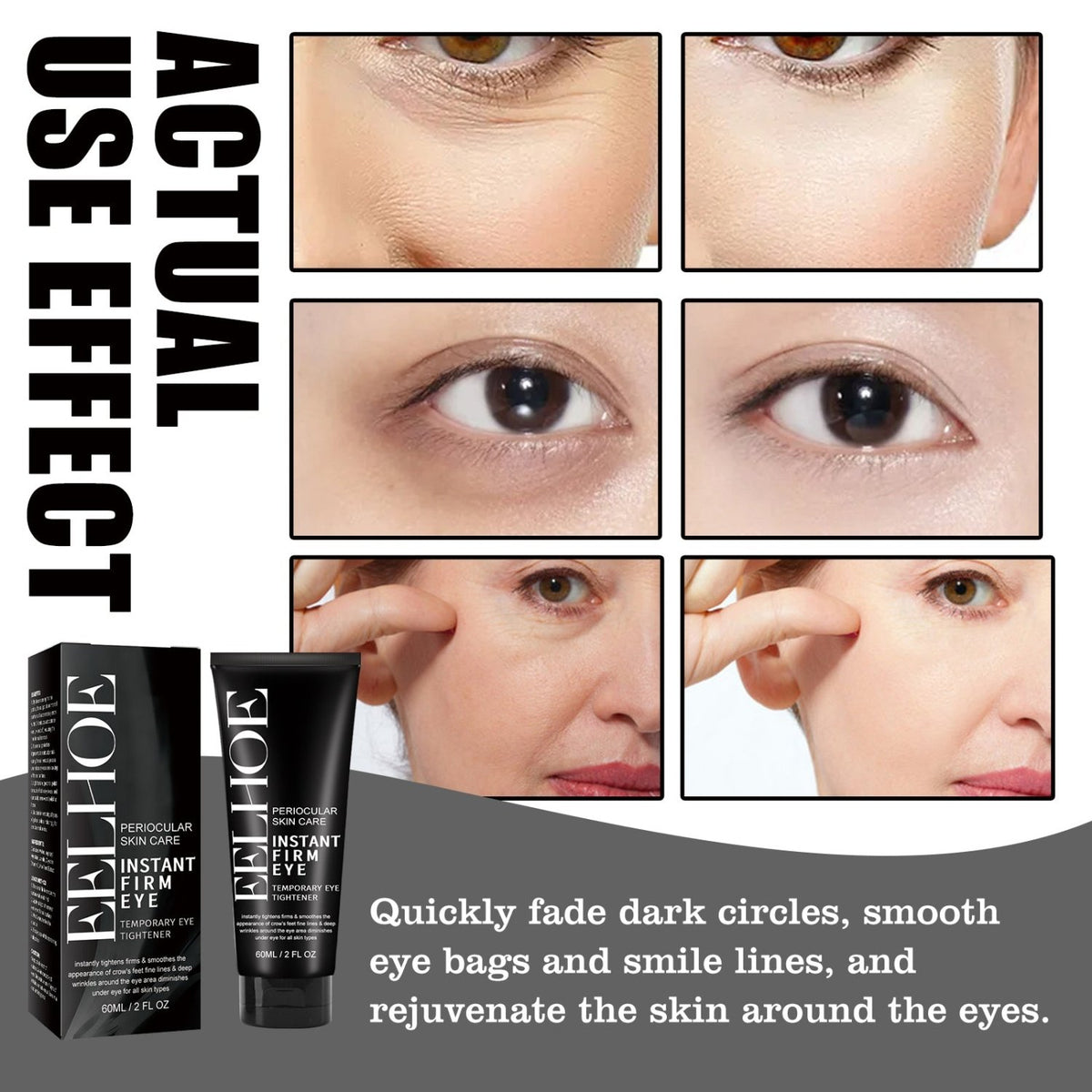 EELHOE instant firm eye cream promotional image with close-up eye-area comparison panels.