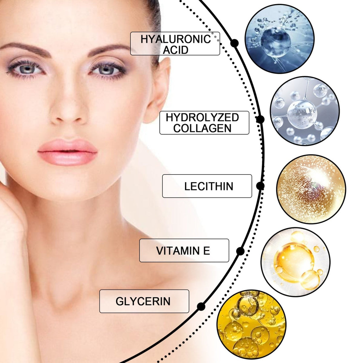 EELHOE eye cream ingredient graphic highlighting hyaluronic acid, hydrolyzed collagen, lecithin, vitamin E, and glycerin.