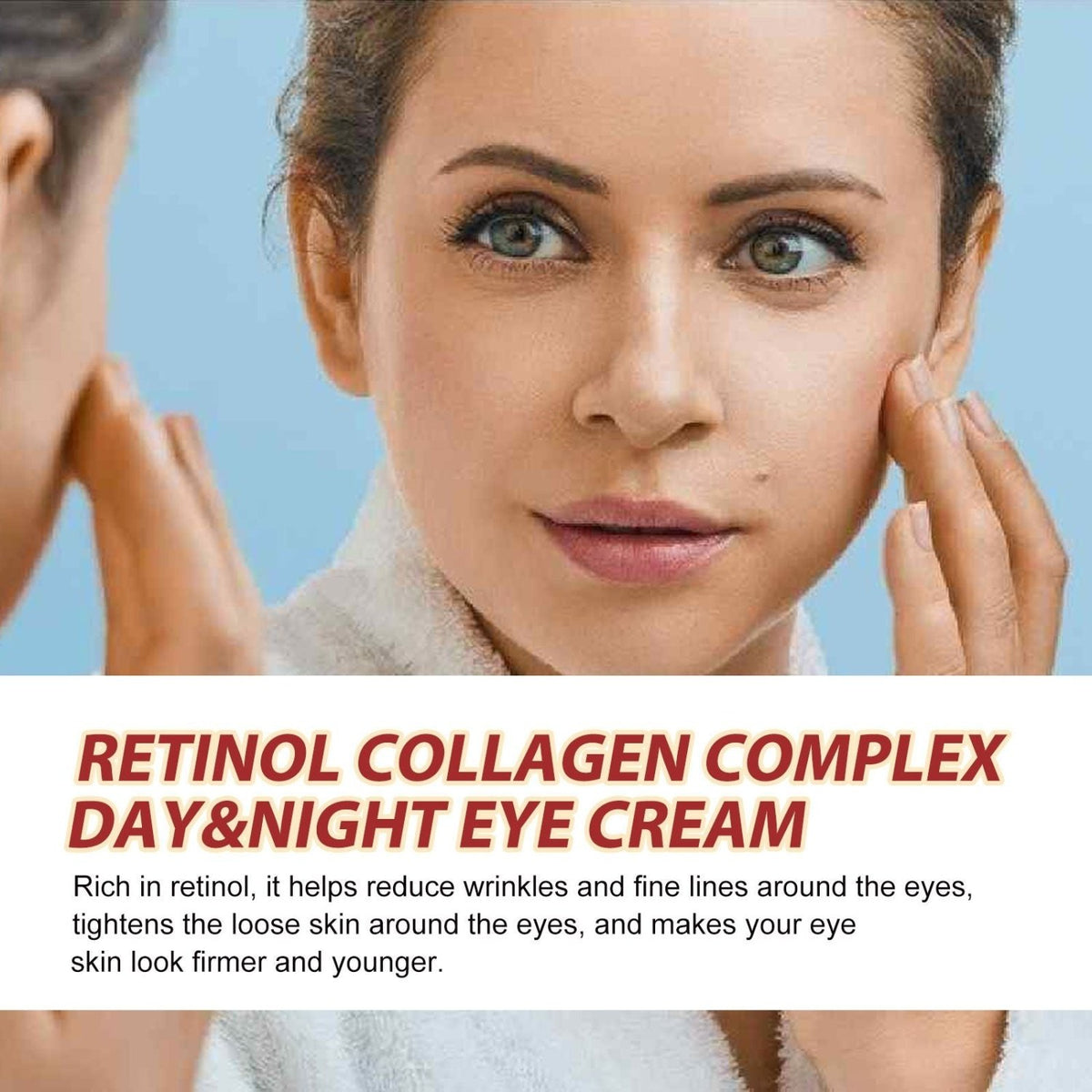 Woman touching the skin around her eyes in an eye-care skincare image