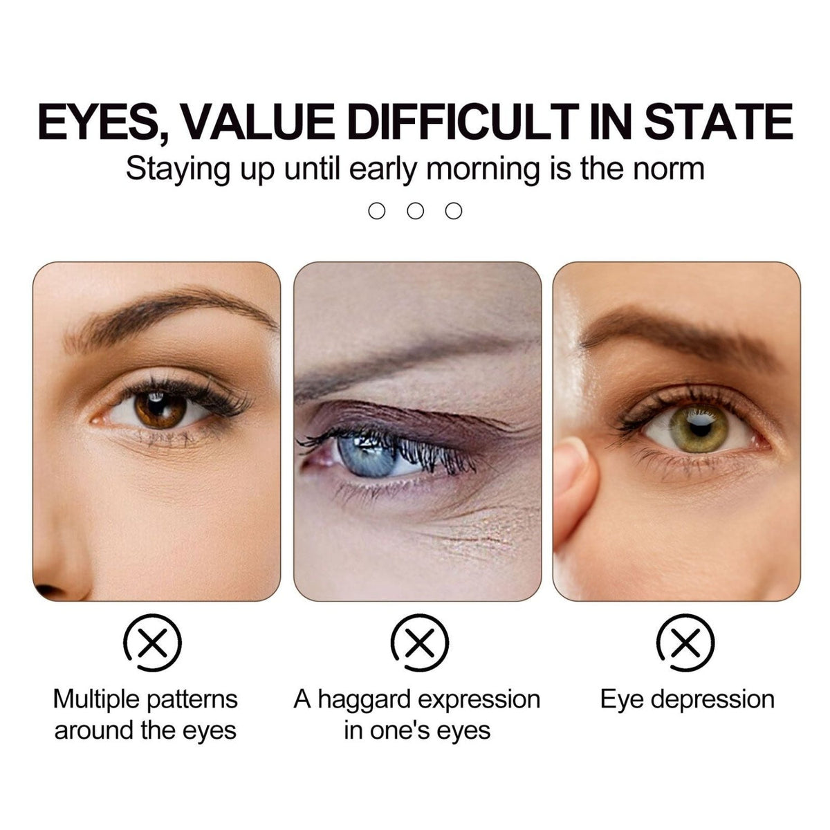 Eye care infographic showing fine lines, dark circles and tired-looking eyes