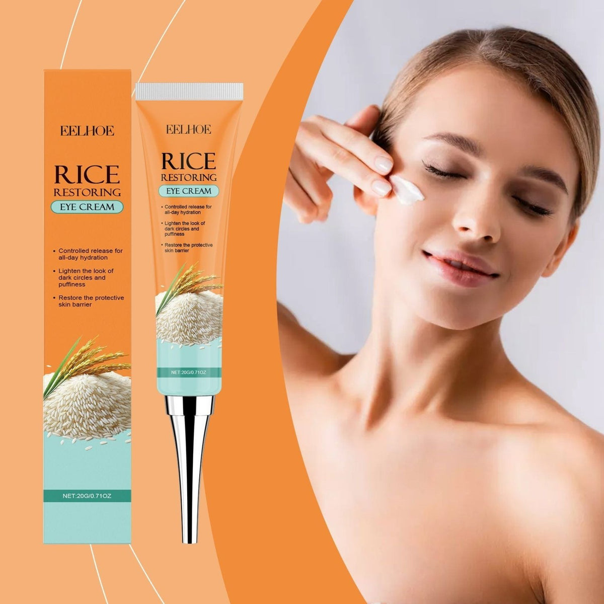 Woman applying EELHOE Rice Eye Cream around the eye area