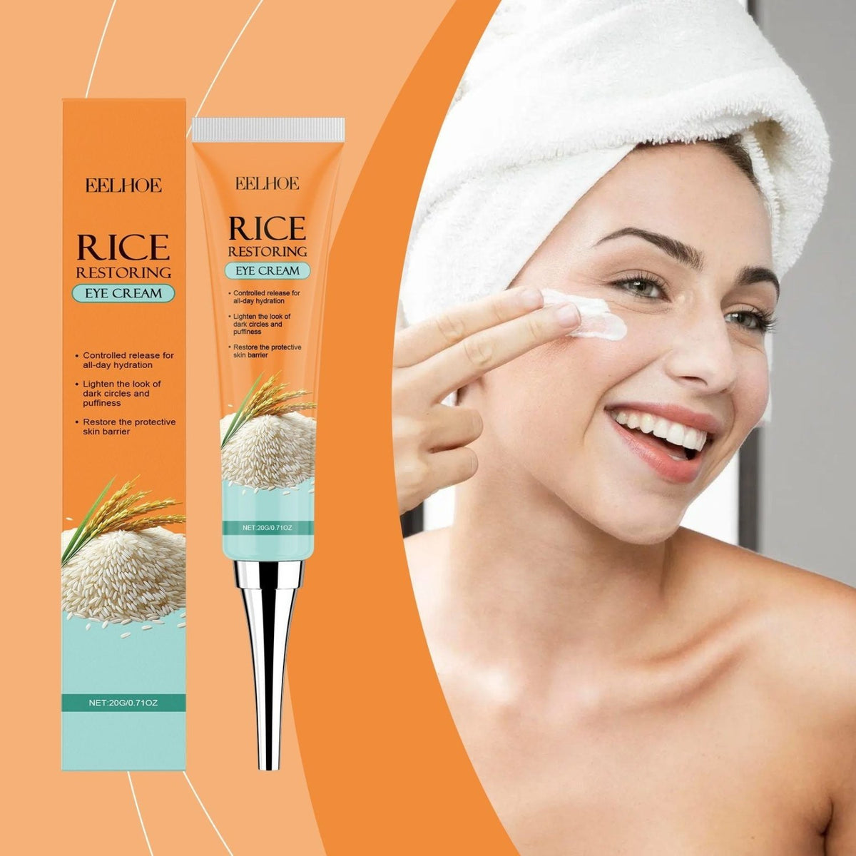 EELHOE Rice Restoring Eye Cream tube and box with rice grain imagery