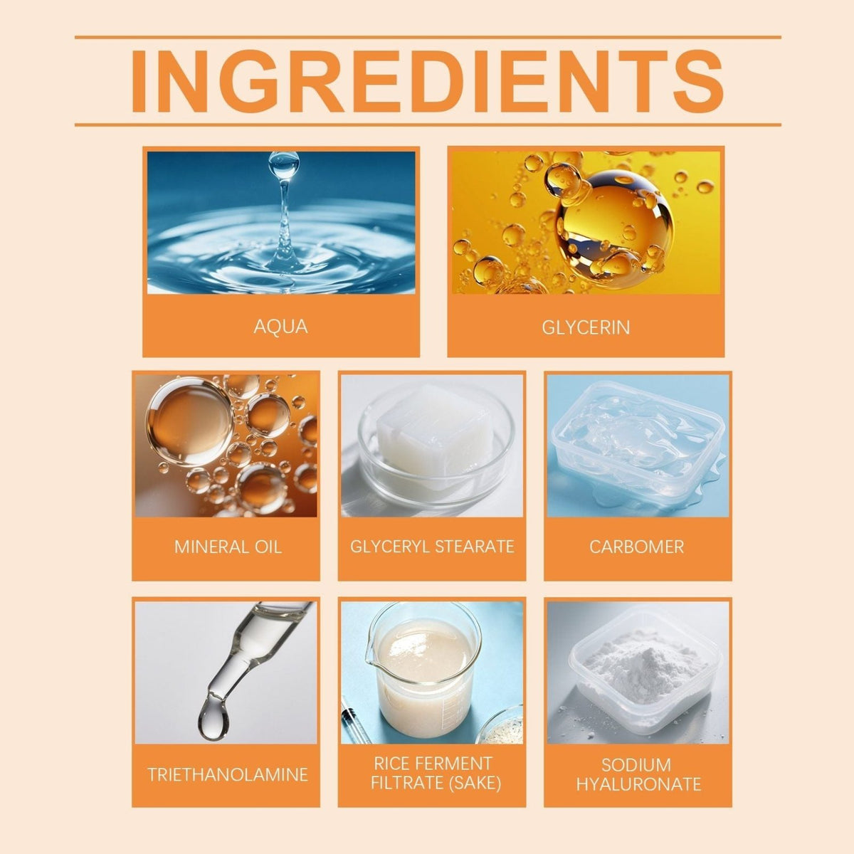 EELHOE Rice Eye Cream ingredient information showing aqua, glycerin, mineral oil, rice ferment filtrate, and sodium hyaluronate