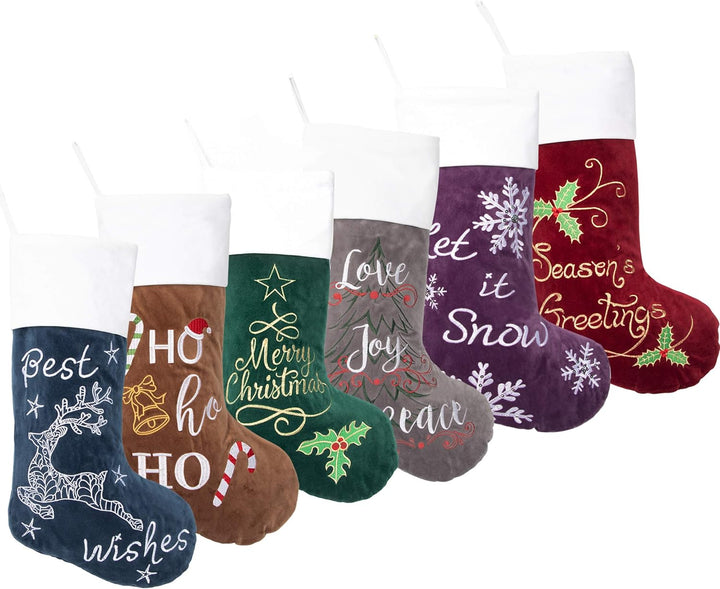 Christmas Stockings 6 Pack for Family 22" Large Embroidered Classic Luxury Velvet Red Green Purple Blue Grey Brown Decorations for Fireplace Xmas Season (Set of 6)