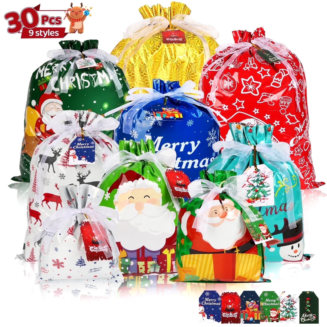 30PCS Christmas Drawstring Gift Bags of Assorted Sizes , Holiday Gift Bags with Drawstrings for Xmas Party Favors