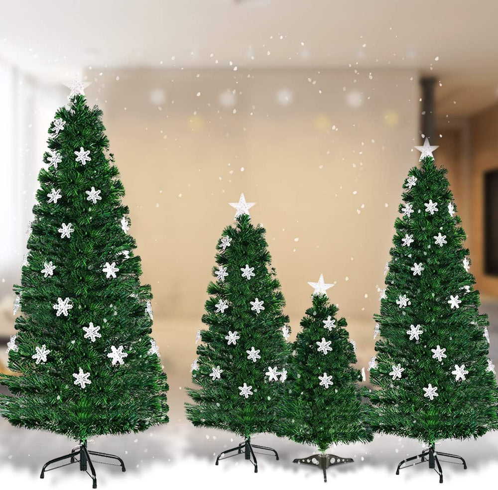 6Ft Fiber Optic Artificial Christmas Tree, Pre-Lit Xmas Tree with Colorful Snowflake LED Lights, 220 Branch Tips, Foldable Metal Base, for Holiday, Office, Home Decor