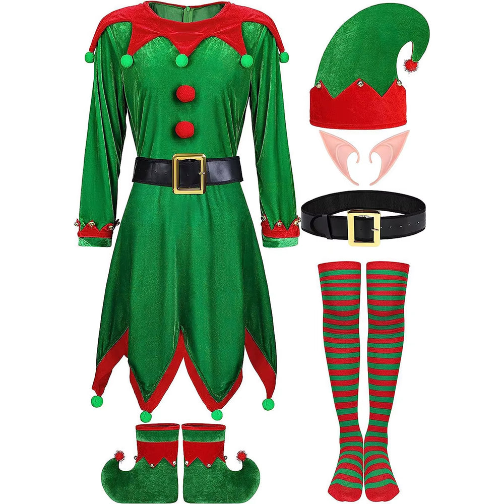 Christmas Santa Claus Costume Women Green Elf Cosplay Dress Adult Kids Belt Hat Elf Ear Suit New Year Xmas Party Outfits
