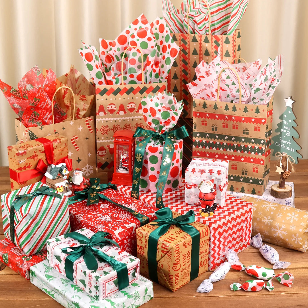 12Pcs Christmas Kraft Gift Bags with Handle, Christmas Paper Gift Treat Bags Bulk, Goodie Bags for Holiday Decor