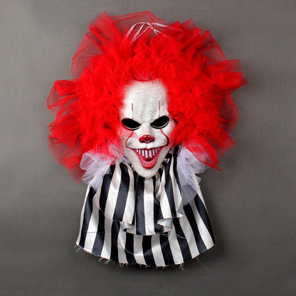 Halloween clown wreath hanging on front door