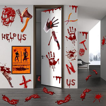 Halloween horror window decorations with skull and bloody handprints