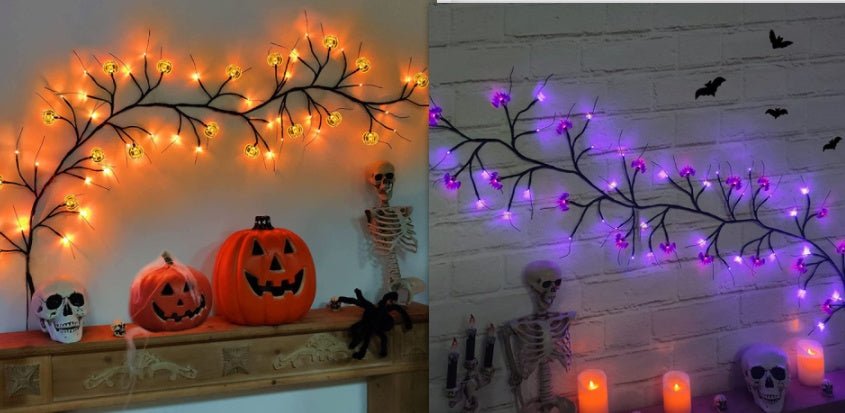 Halloween string lights with LED pumpkin and bat willow vine