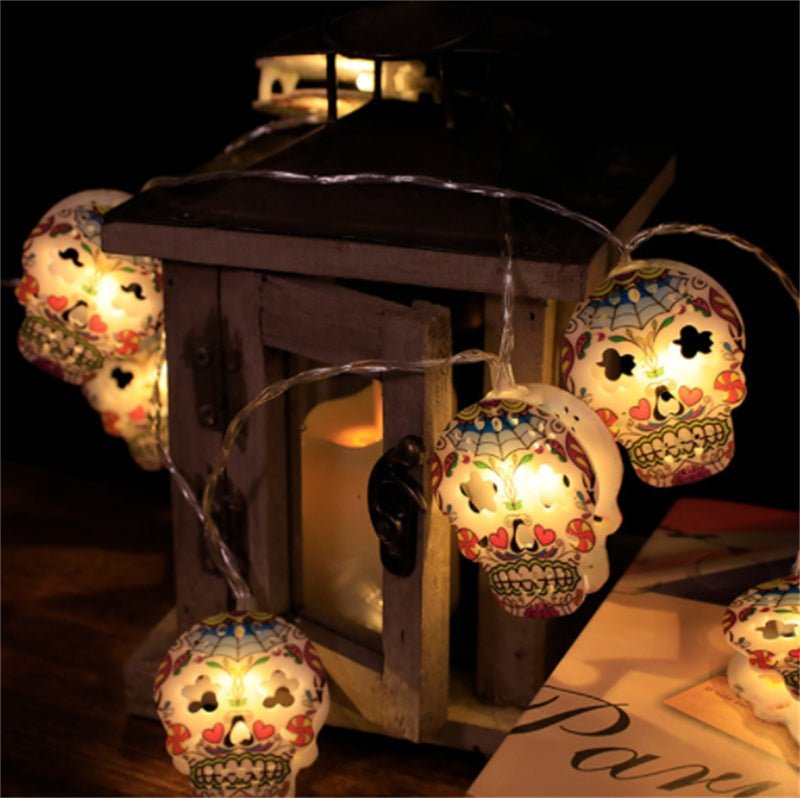 Halloween LED string lights with skeleton decorations