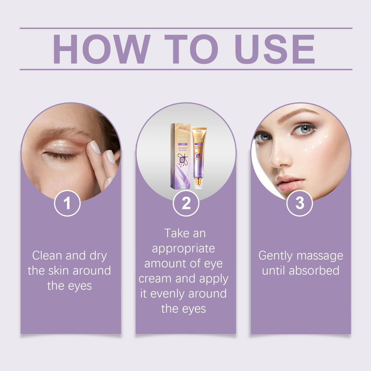 Hoygi bee venom eye cream application guide showing how to clean the eye area, apply cream, and massage gently