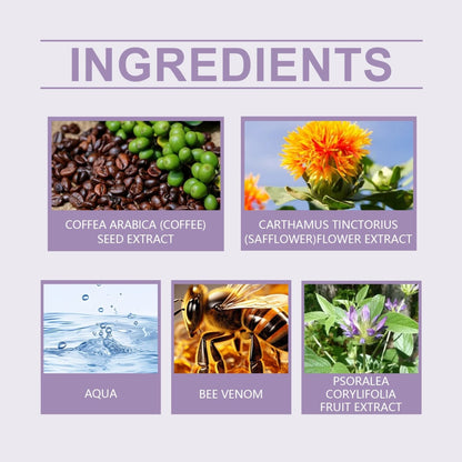 Hoygi bee venom eye cream ingredients including coffee seed extract, safflower flower extract, water, and bee venom