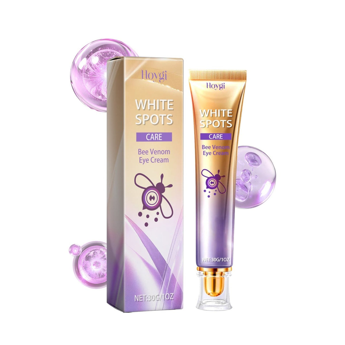 Hoygi bee venom eye cream 30g tube and matching gold and purple product box on a white background