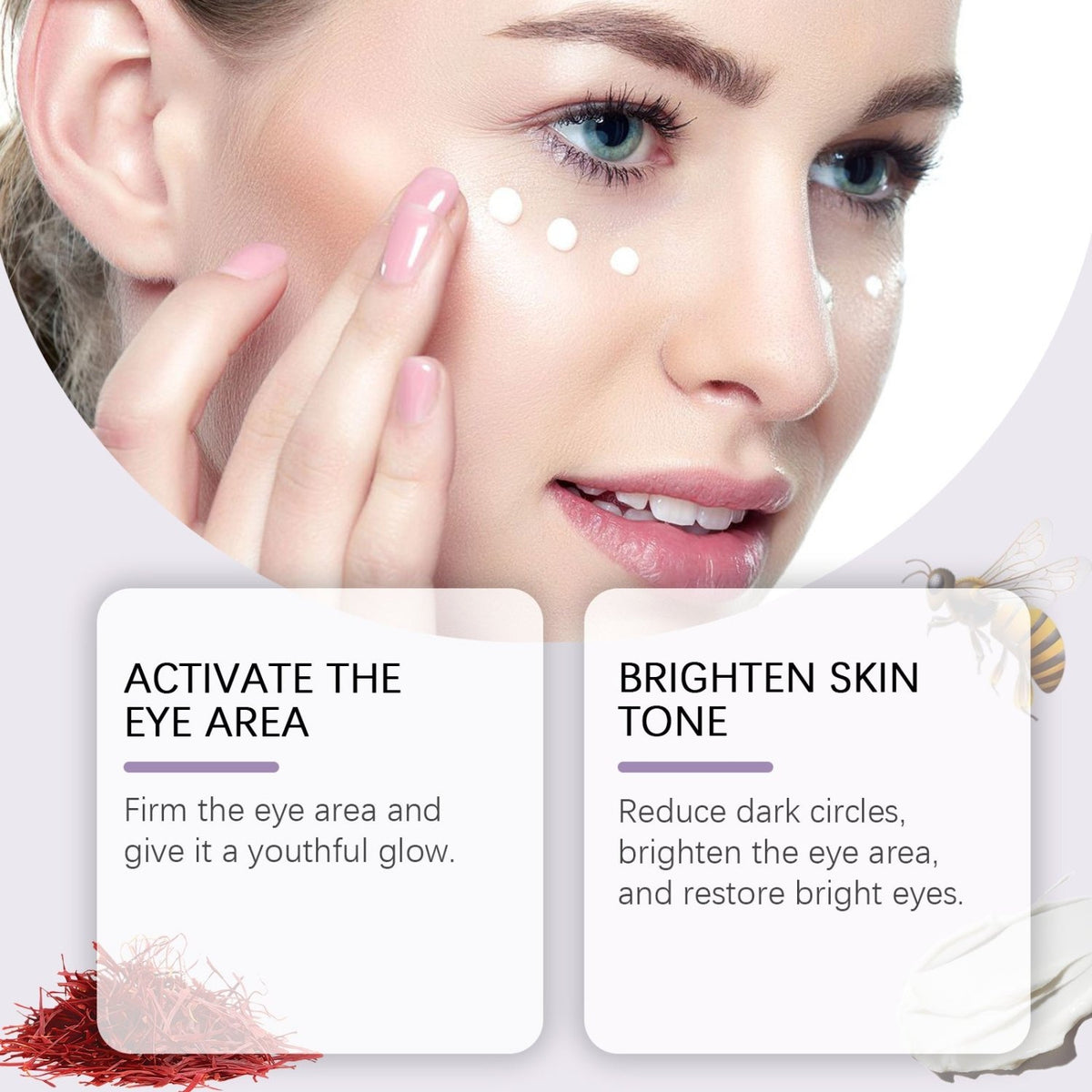 Woman applying Hoygi bee venom eye cream around the eyes for a refreshed-looking appearance