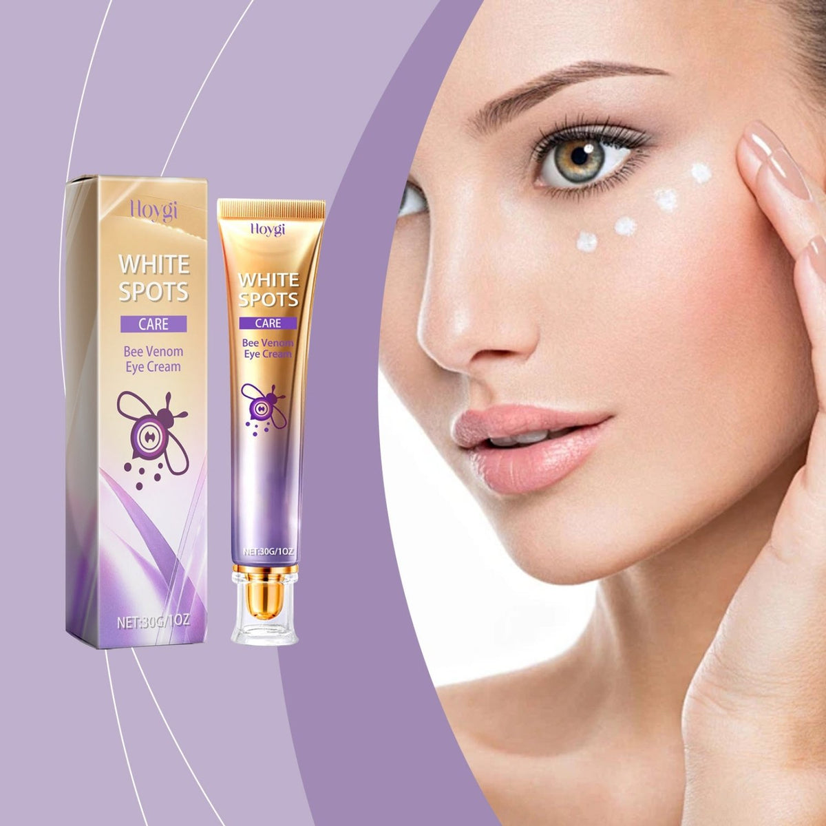 Hoygi bee venom eye cream 30g tube and box beside a model with cream applied under her eyes