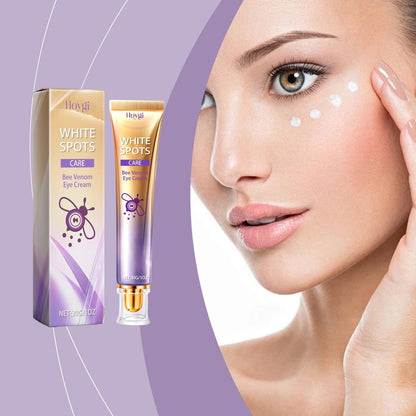 Hoygi bee venom eye cream 30g tube and box beside a model with cream applied under her eyes