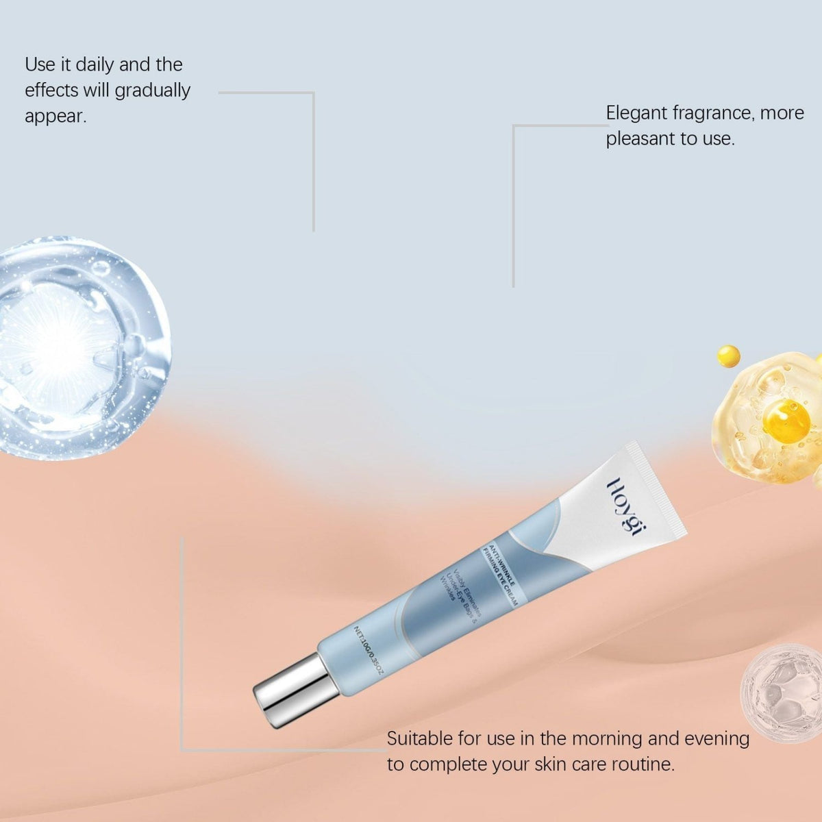 HOYGI firming eye cream tube with morning and evening skincare application guidance
