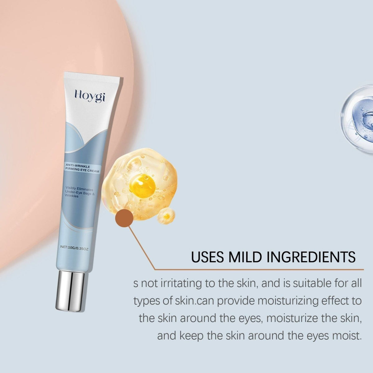 HOYGI moisturizing eye cream in a 10g tube with skincare ingredient graphics