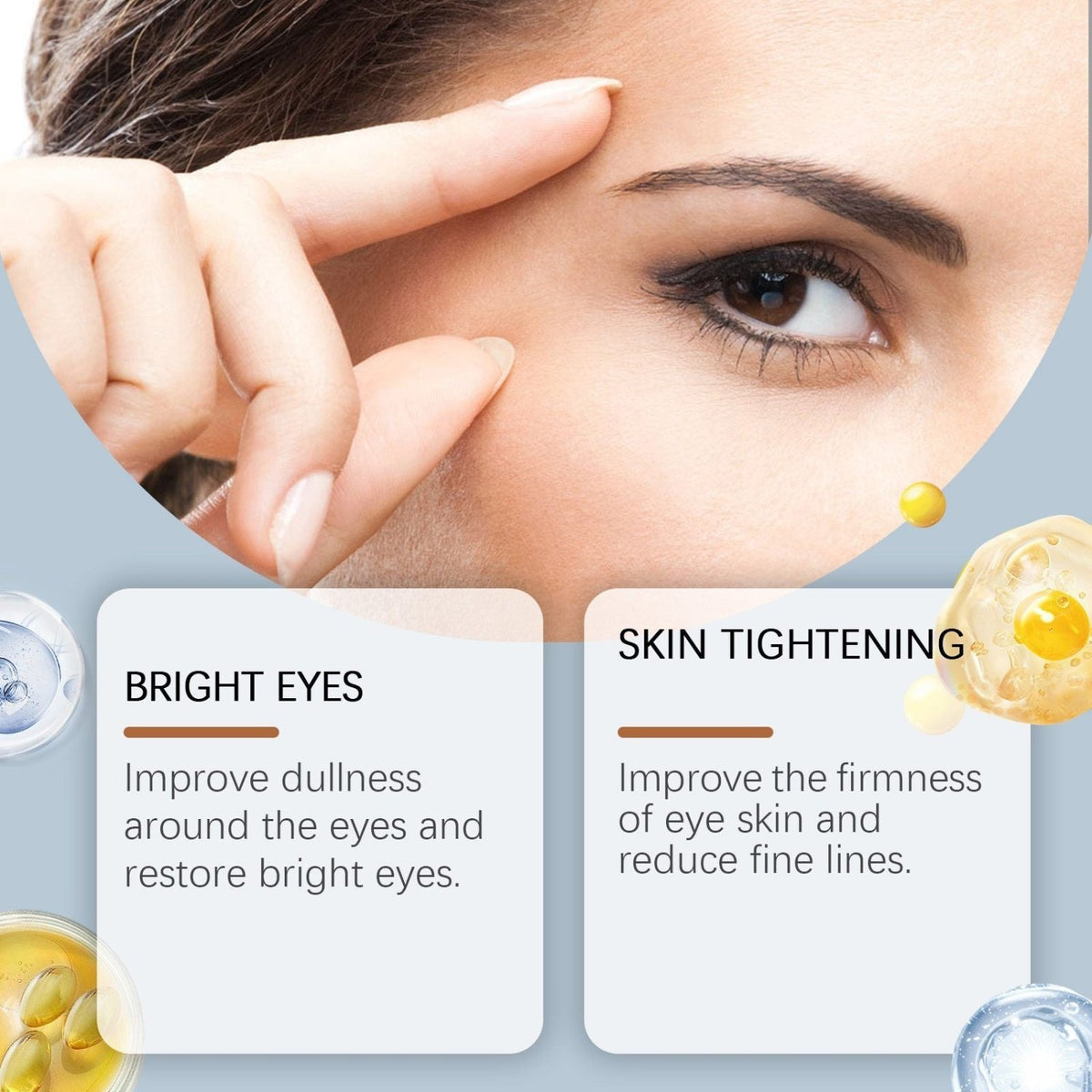 Three-step instructions for applying HOYGI anti-wrinkle eye cream to clean skin