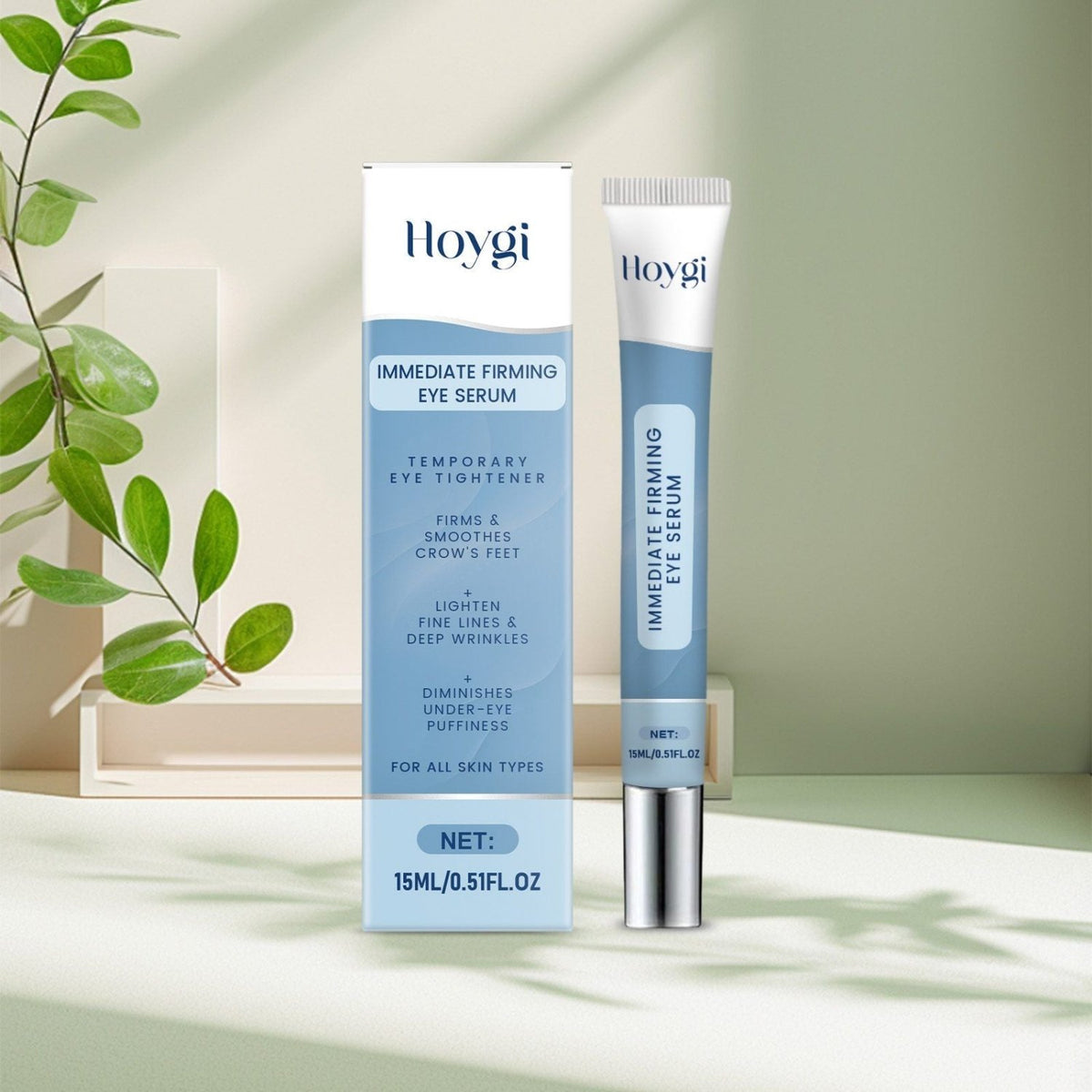 HOYGI temporary eye tightener 15ml tube and box displayed against a light green background