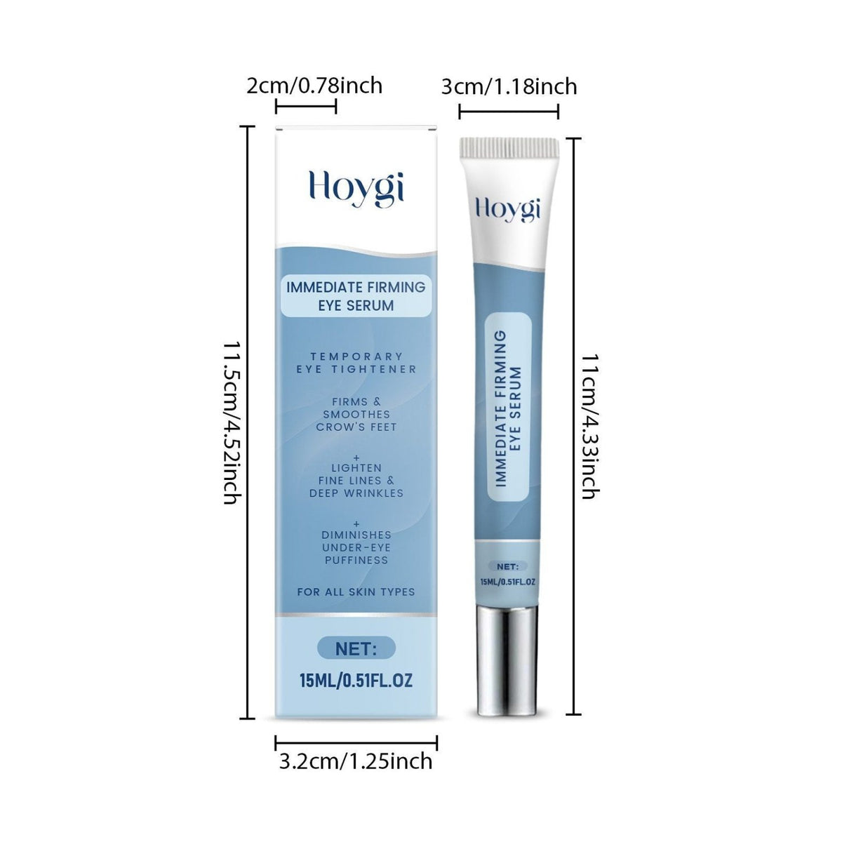 HOYGI temporary eye tightener 15ml tube and box with height and width measurements