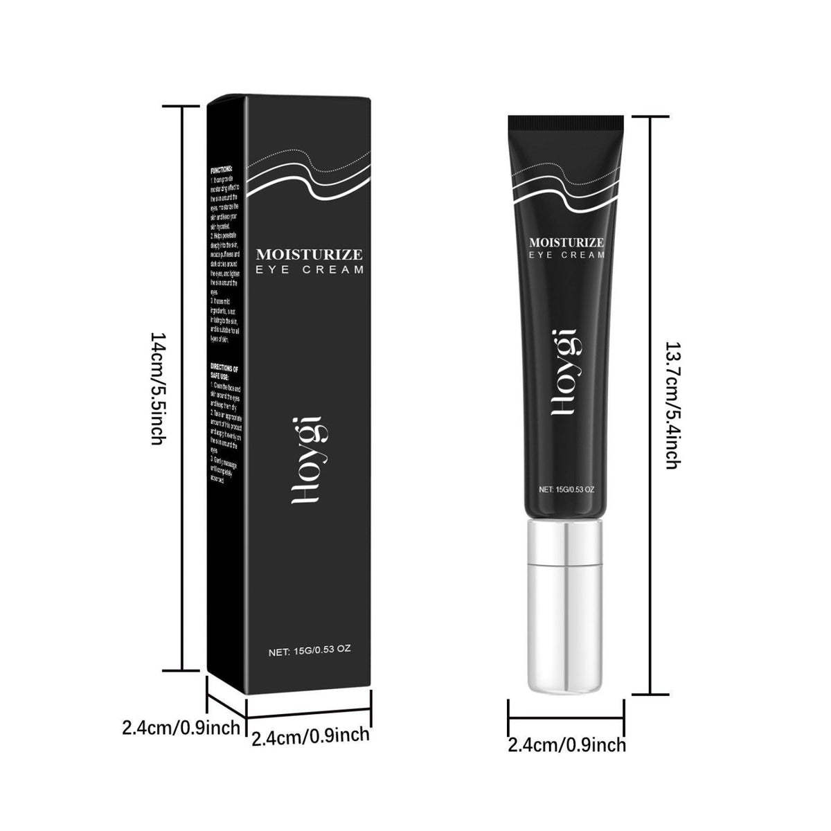 HOYGI eye moisturizer cream 15g tube and black packaging with product dimensions