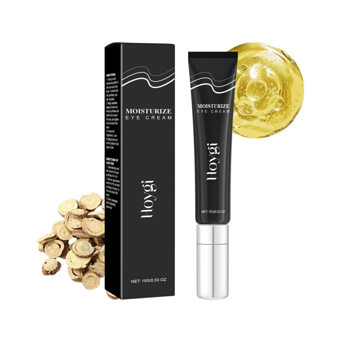 HOYGI eye moisturizer cream 15g tube and black product box photographed together