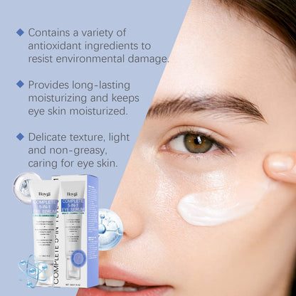 Woman applying Hoygi Complete 5-in-1 Eye Serum around the under-eye area