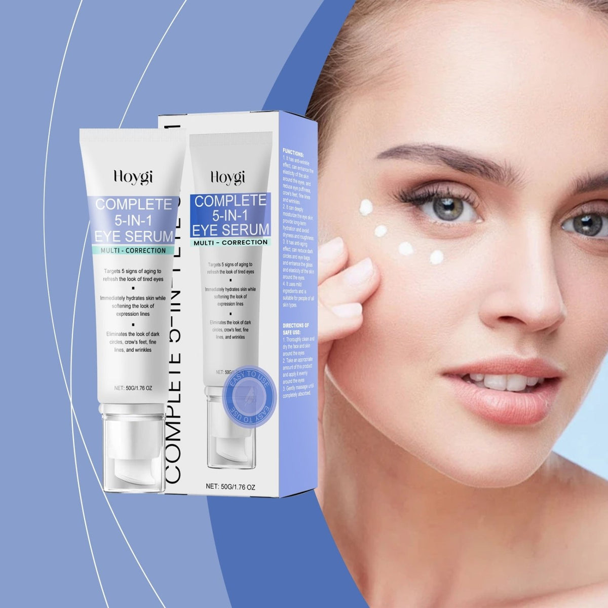 Hoygi Complete 5-in-1 Eye Serum product packaging and 50g tube