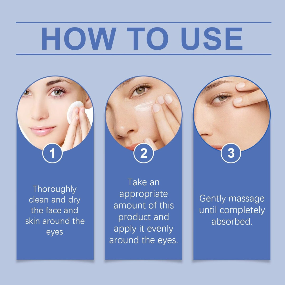 Hoygi Eye Serum application guide showing how to apply product around the eyes