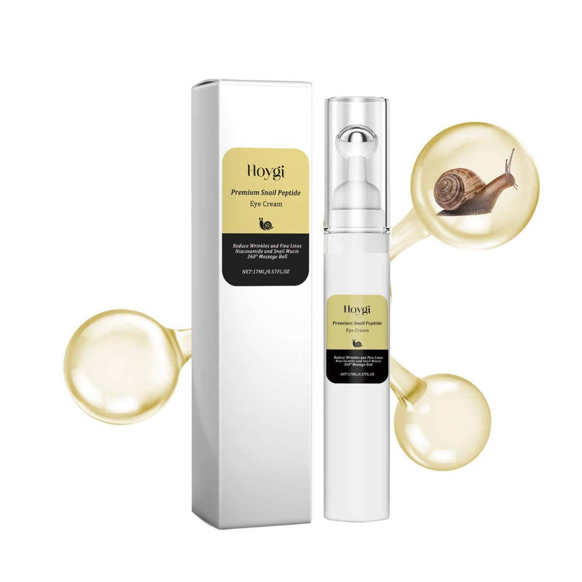 HOYGI Premium Snail Peptide Eye Cream with 360-degree massage ball applicator