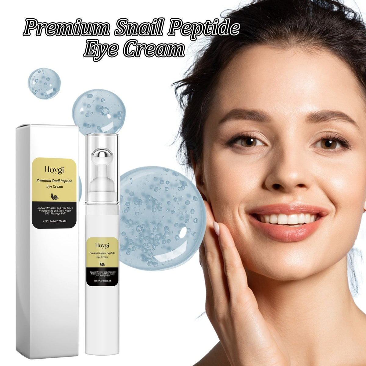 HOYGI Premium Snail Peptide Eye Cream with roller applicator beside a smiling woman