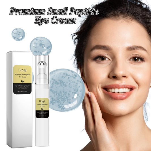 HOYGI Premium Snail Peptide Eye Cream with roller applicator beside a smiling woman