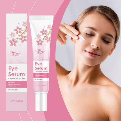 Jaysuing Cherry Blossoms Eye Serum 15g with product packaging and a woman applying eye serum to her under-eye area