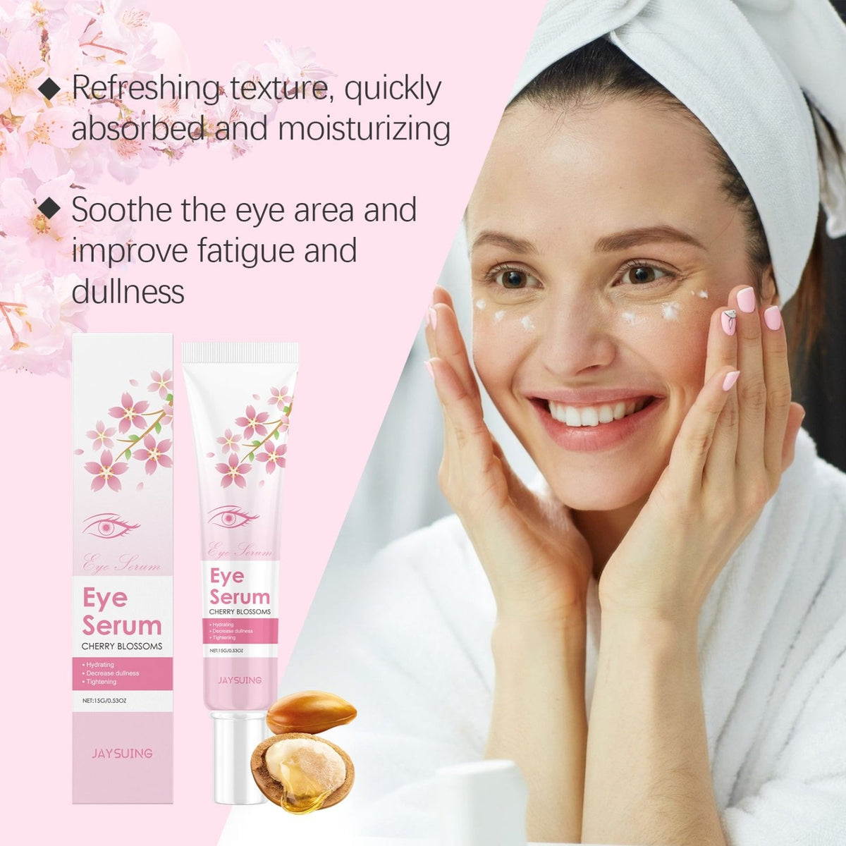 Woman applying Jaysuing cherry blossom eye serum as part of a skincare routine