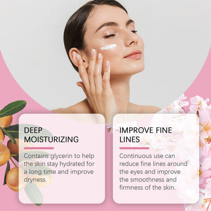Woman gently applying eye serum near the eye area beside Jaysuing Cherry Blossoms Eye Serum packaging