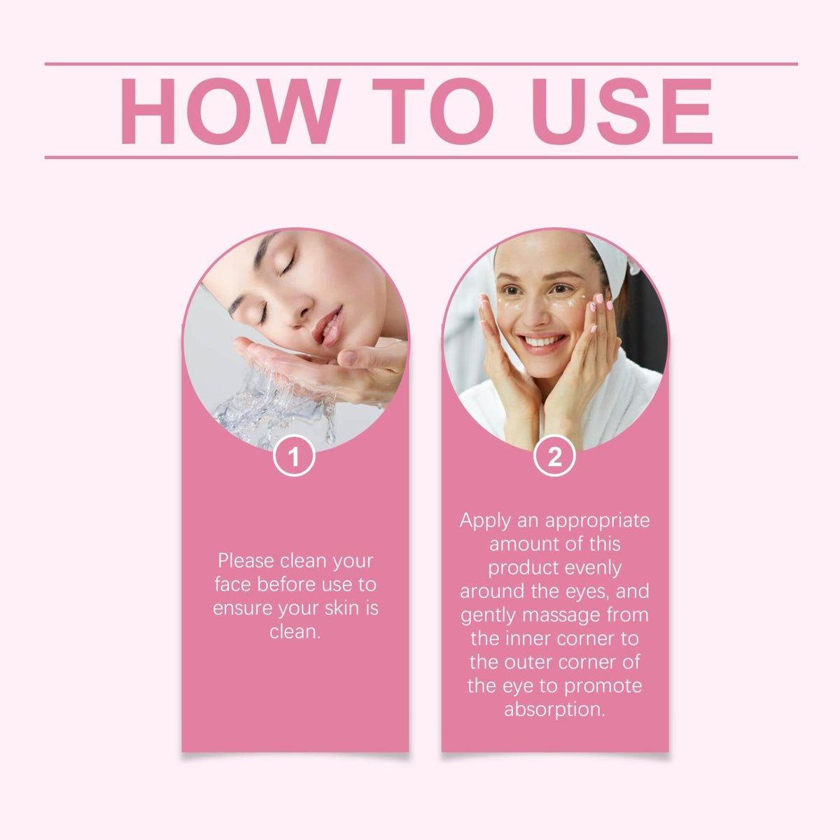 Woman applying eye serum to the under-eye area with product application instructions