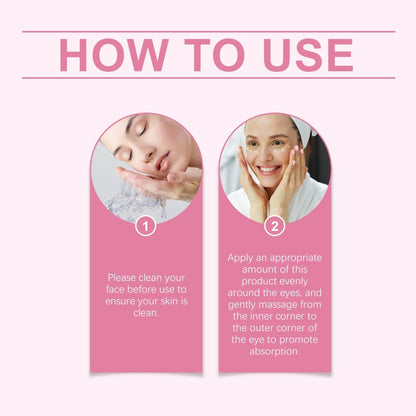 Woman applying eye serum to the under-eye area with product application instructions