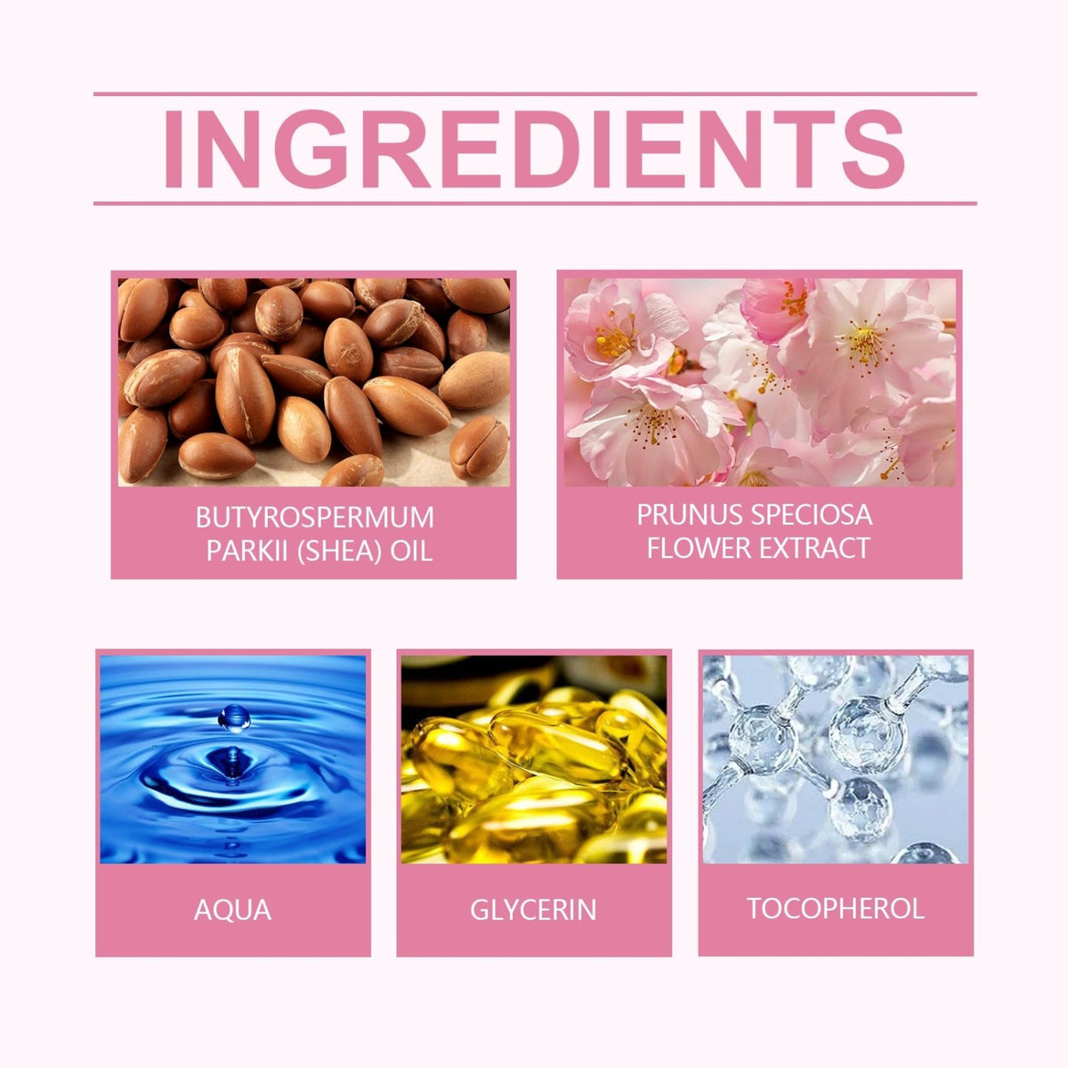 Jaysuing Cherry Blossoms Eye Serum ingredient infographic featuring shea oil, cherry blossom extract, water, glycerin, and tocopherol