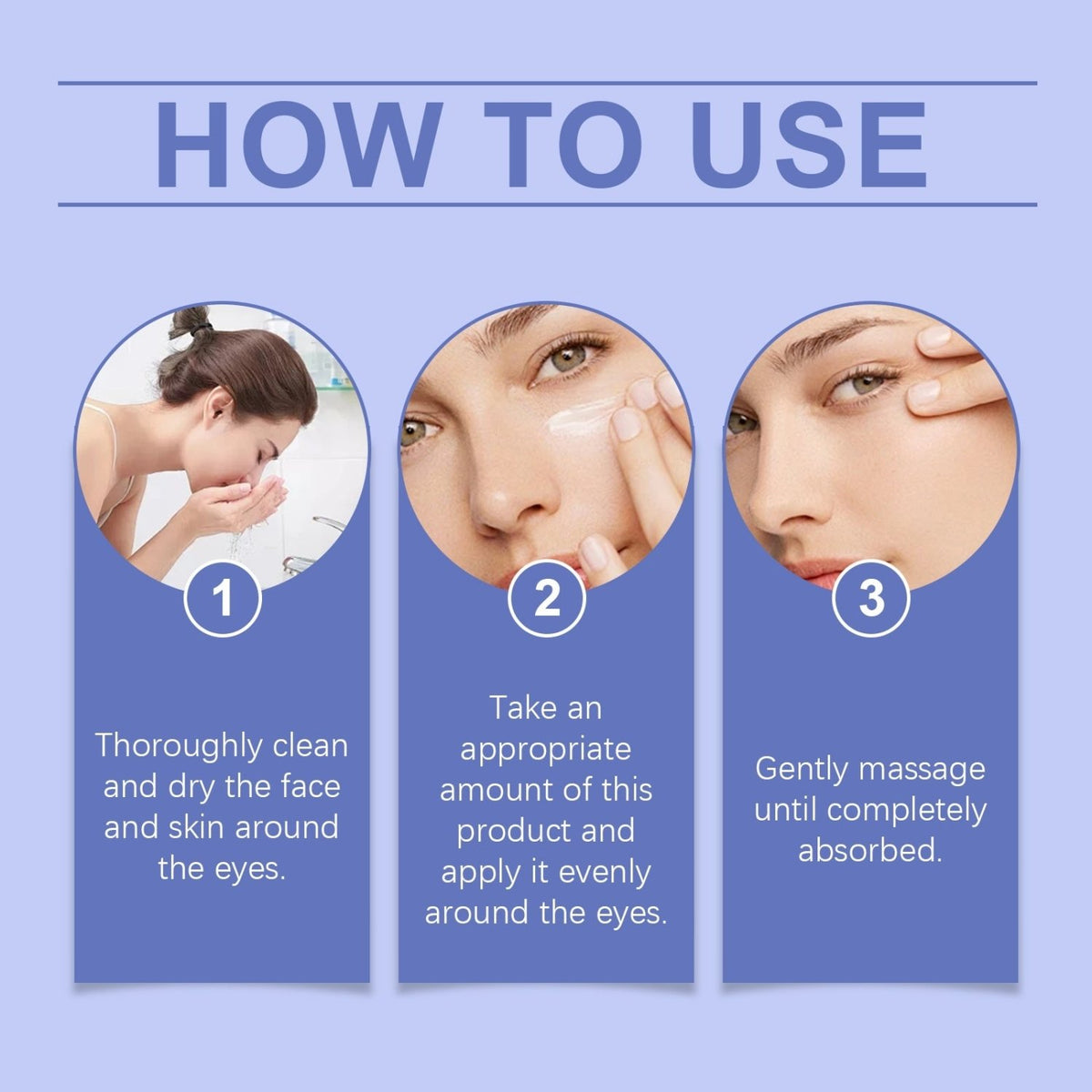 Instructions showing how to apply OUHOE eye cream to clean skin around the eyes