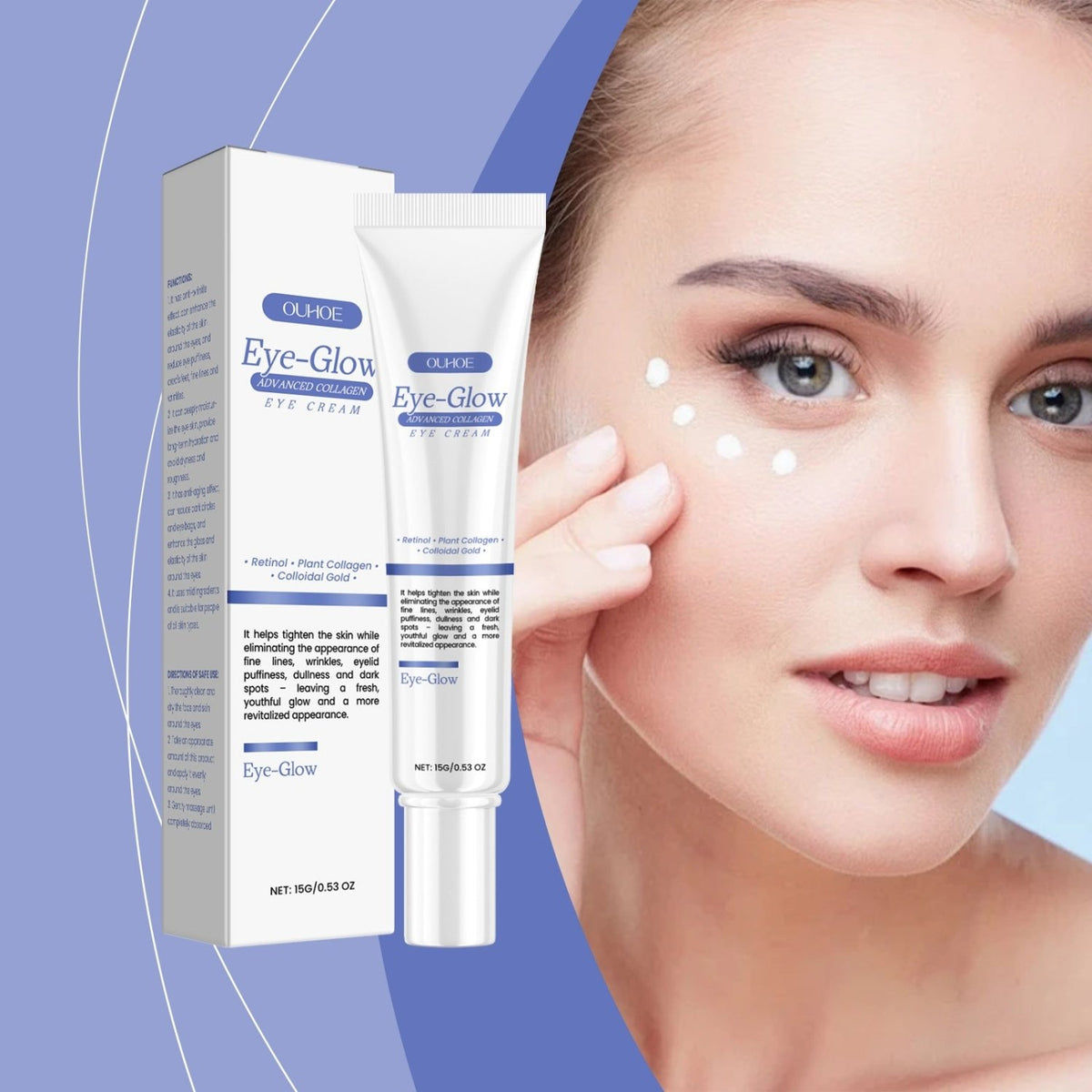 OUHOE Eye-Glow Advanced Collagen Eye Cream tube and box beside a woman applying cream under her eyes.