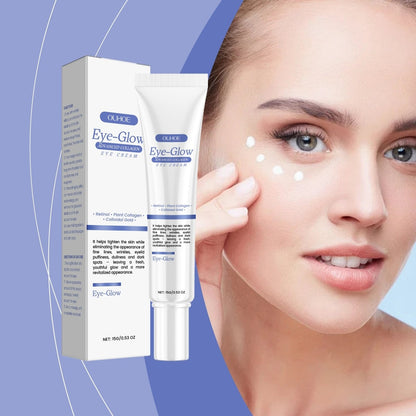 OUHOE Eye-Glow Advanced Collagen Eye Cream tube and box beside a woman applying cream under her eyes.