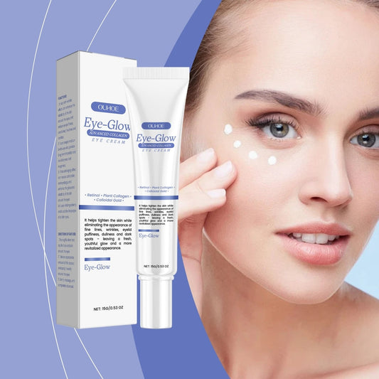 OUHOE Eye-Glow Advanced Collagen Eye Cream tube and box beside a woman applying cream under her eyes.