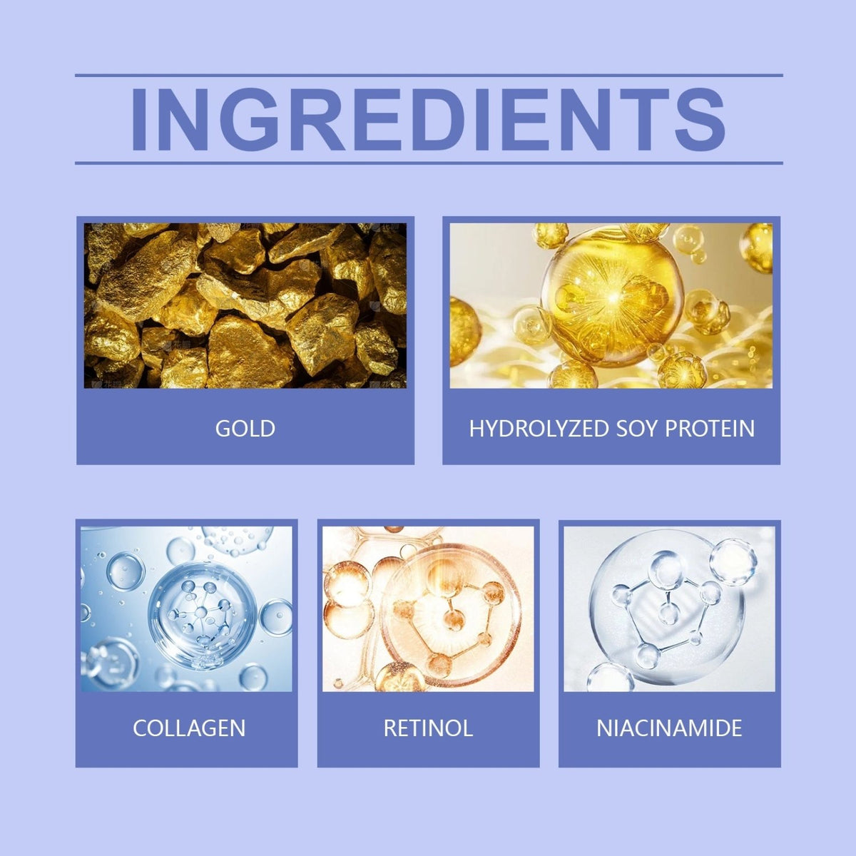 Ingredients infographic featuring gold, hydrolyzed soy protein, collagen, retinol, and niacinamide for OUHOE eye cream.