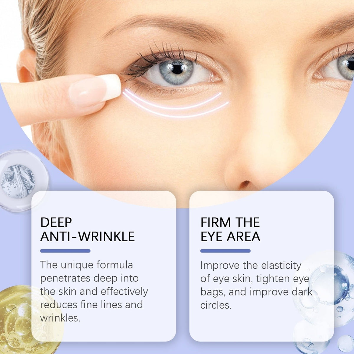 OUHOE firming eye cream promotional graphic highlighting fine lines and eye area care