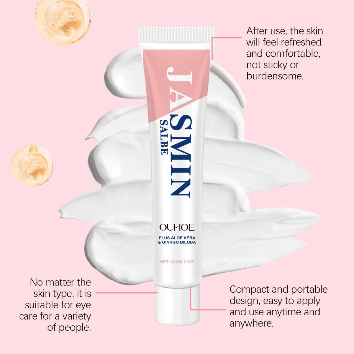 OUHOE Jasmine Eye Cream tube displayed with a creamy texture on a pink background
